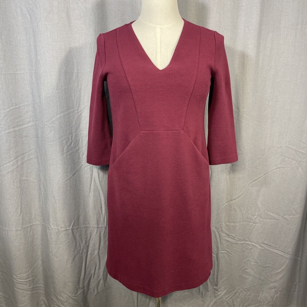 BODEN Bronte Ottoman Dress US8/UK 12R Pockets V-Neck Stretch Wine/Red Preppy